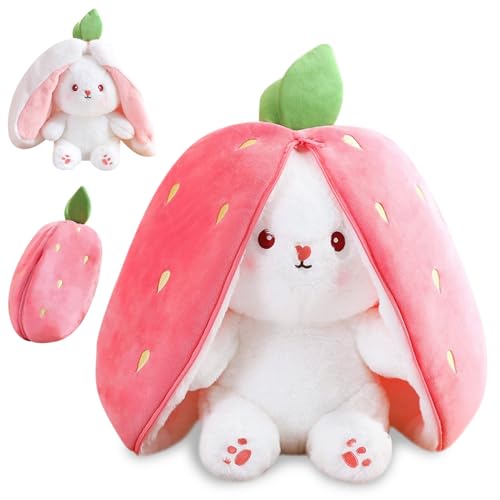 MUNSKT Hase Plüschtier Verstecken squishmallow klein,Erdbeerhasen Kissen Plüschtier, Kuscheltier Hase, Kuscheltier Plüschtier, Hasenplüschtier, Ostergeschenke Kindergeburtstag Geschenk (25cm)